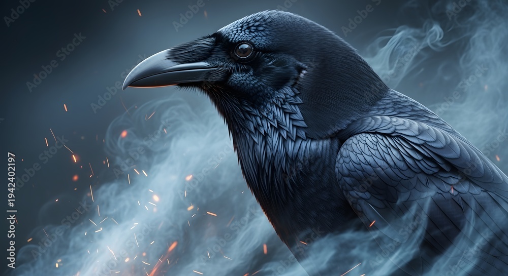 Naklejka premium Close-up of a majestic raven surrounded by mystical smoke