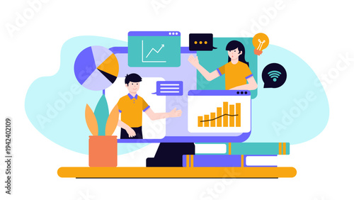 Flat design illustration of people participating in online business training and webinar with data charts on screen
