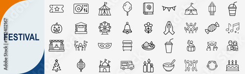 Festival and cultural celebration icons set, outline symbols for traditional events holiday party carnival and seasonal festivities vector illustration
