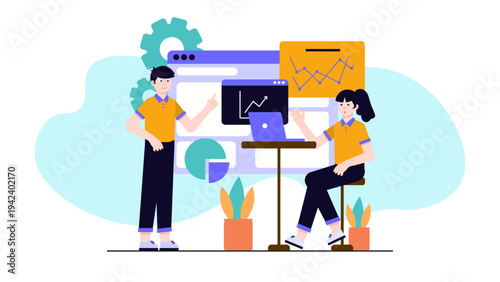 Vector illustration of employee onboarding process and professional training program with gears and charts