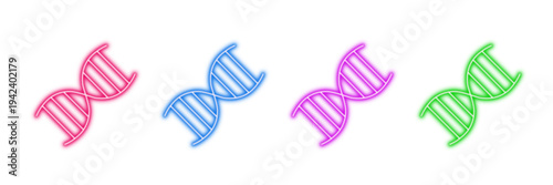 Neon glowing DNA vector icons set, genetics, biology, science, helix, vibrant colorful digital design illustration on transparent background.