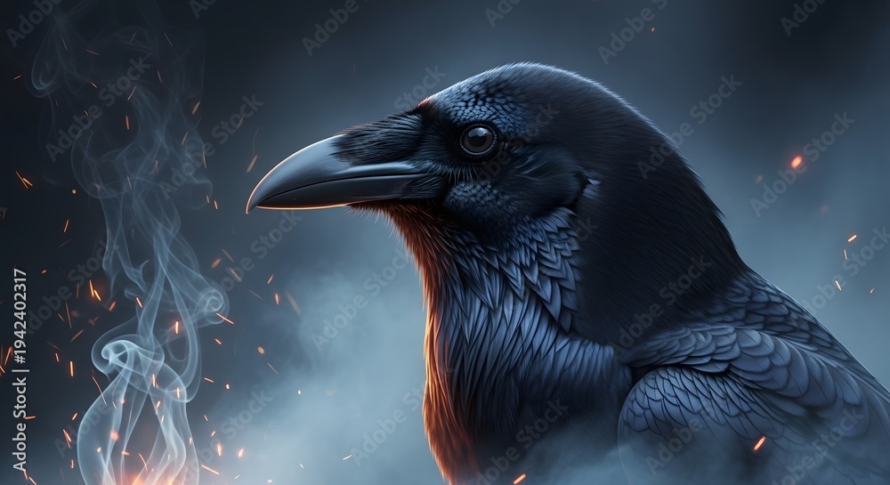 Obraz premium Majestic Raven in Mysterious Smoky Atmosphere with Glowing Embers