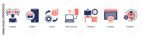 Workplace Connectivity web banner vector illustration featuring Feedback, Portfolio, Internet, Wifi Connection, Workplace, Schedule, and Pandemic.
