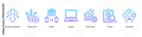 Workplace Efficiency web banner vector illustration featuring Energy Consumption, Reduce Cost, Branch, Laptop, Productivity, Control, and Autonomy.