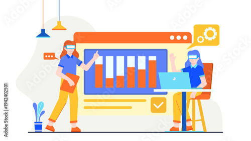 Two business women wearing VR headsets while presenting data charts on a large digital screen