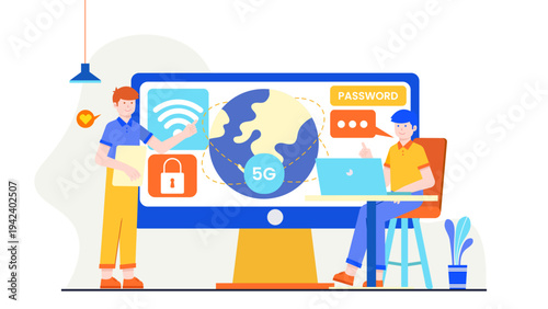 Professionals interacting with a world globe display showing 5G network and security lock icons