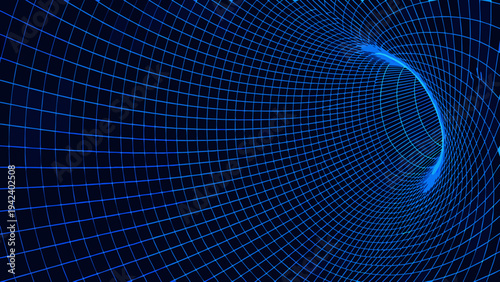 Abstract digital tunnel with glowing blue lines on a dark background