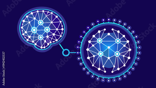 Illustrative depiction of two complex viral structures against a dark backdrop