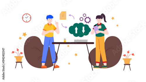 Two people discussing cloud data transfer and mechanical synchronization in a modern lounge area