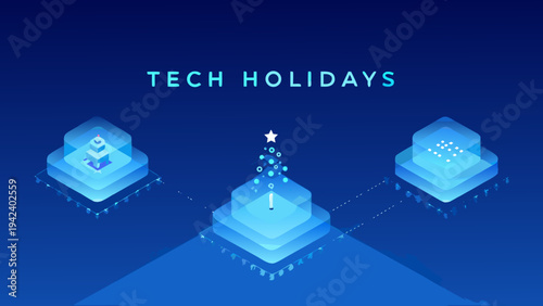 Tech holidays illustration featuring isometric structures and a christmas tree