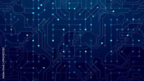 Abstract blue circuit board pattern with interconnected nodes and lines