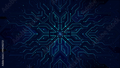 Abstract blue circuit board pattern resembling a stylized snowflake
