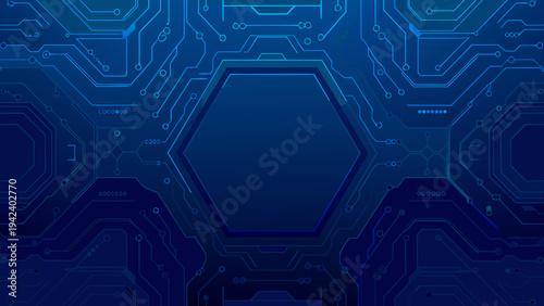 Abstract blue circuit board pattern with a central hexagonal shape