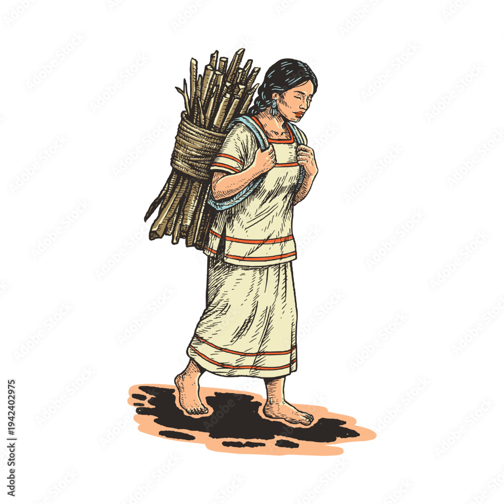 Obraz premium Native American Woman Carrying Firewood Bundle Colored Vector Illustration