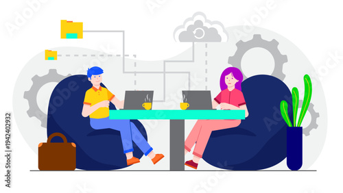 Two professionals working on laptops connected to a cloud network with file sharing icons