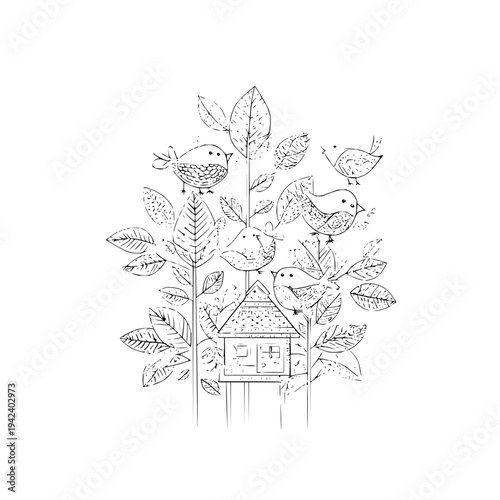 Birds Surrounding Birdhouse with Flowers and Leaves