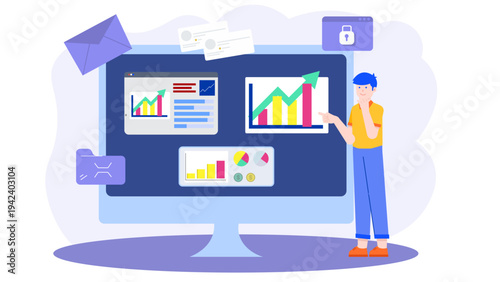 A man analyzing various data dashboards and task progress on a large screen for project optimization