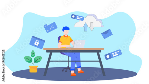 A professional man working on his laptop with various files and data syncing to a secure cloud server