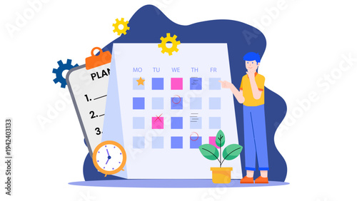 A man planning his business schedule and long-term goals on a large calendar and checklist