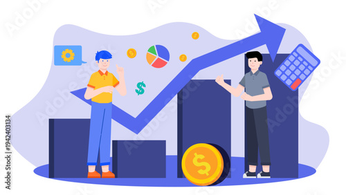 Two business partners discussing financial growth and strategy in front of rising bar charts