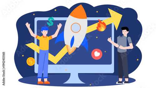 Two businessmen celebrating a successful product launch and high financial growth represented by a rocket