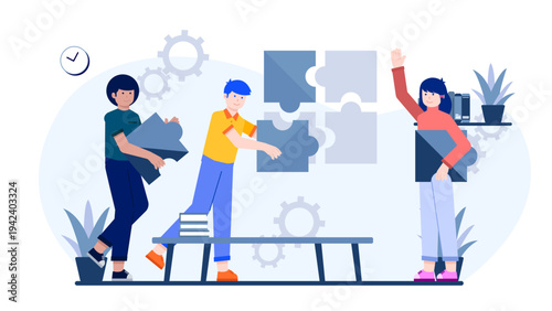 Diverse business team solving complex problems using puzzle pieces