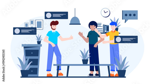 Professional business team communicating in a global office setting