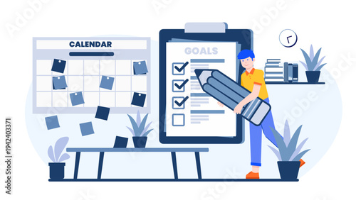 Man planning a business roadmap and setting long term goals on list