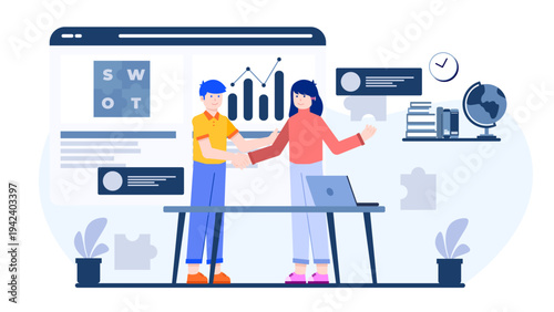 Business partners shaking hands after performing a SWOT analysis