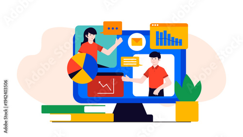 People having virtual meeting on computer screen with data visualization