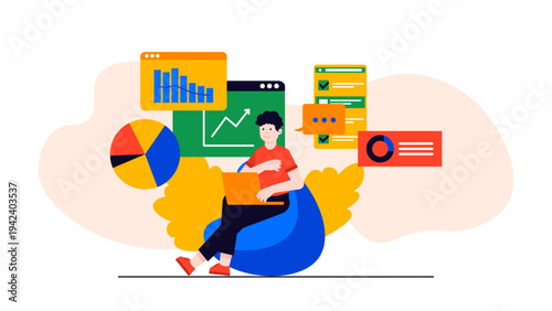 Young man sitting on bean bag working with laptop and data analytics