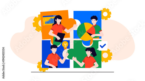 Group of professionals collaborating on complex business problem solving