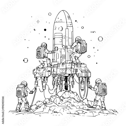 Astronauts Preparing Space Rocket on Moon Surface in Space