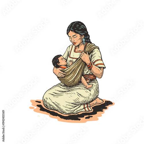 Native American Mother Sitting and Holding Baby Traditional Tribal Family Life Colored Vector