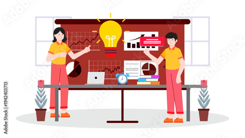 Professionals conducting a creative brainstorming session with charts and a giant light bulb idea