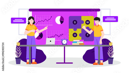 A business team performing a SWOT analysis to evaluate strengths and weaknesses for a project