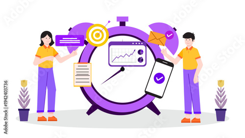 Professionals organizing a business roadmap and schedule around a giant purple alarm clock icon