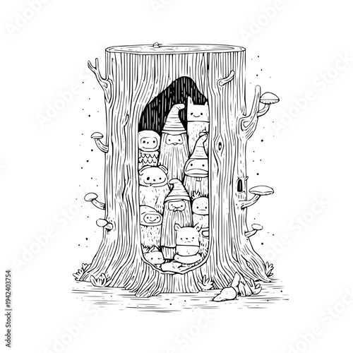 Cats Hiding in Tree Stump