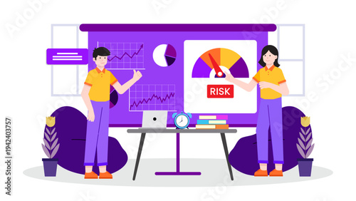 Professional team analyzing financial charts and risk levels on board