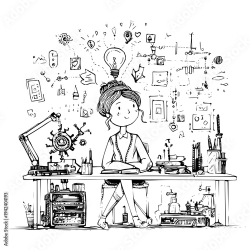 Woman Thinking at Desk with Lightbulb Idea