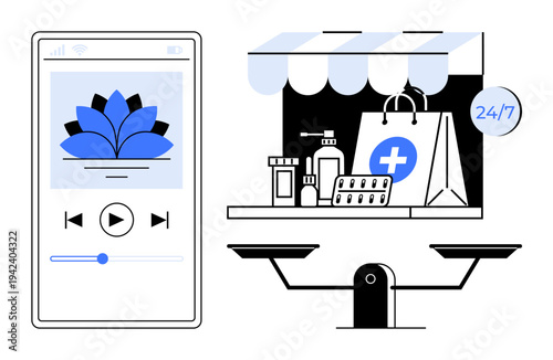 Healthcare services, online shopping, wellness, ecommerce, pharmaceutical access, mobile apps. Smartphone with wellness app and medicine bag at storefront. Healthcare services and online shopping