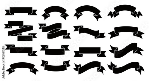 Collection of black ribbon banners for decorative graphics and banners.