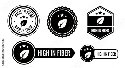 Collection of high in fiber food badges and seals for nutrition labeling.