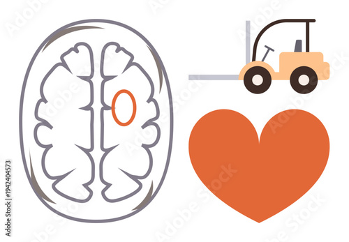 Cognitive neuroscience, industry development, logistics, health awareness, safety, brain work. Illustration of a brain, heart and forklift. Cognitive neuroscience and industry development