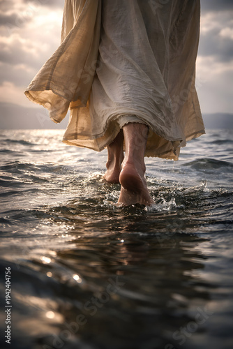 A concept art of Jesus walks on water across the sea as in bible