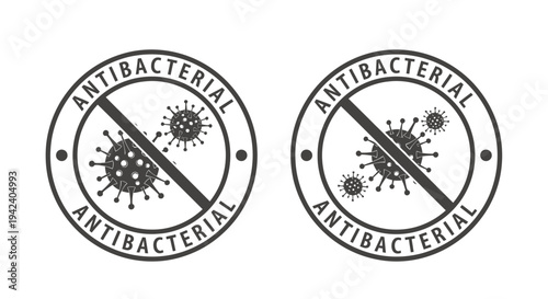 Two Antibacterial Logos Emblem Seals in Circular Monochrome Design for Branding and Healthcare Visual Identity.