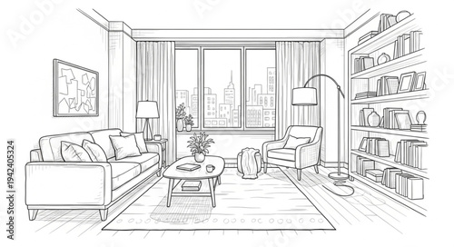 Cozy Living Room with Large Window and Bookshelves.