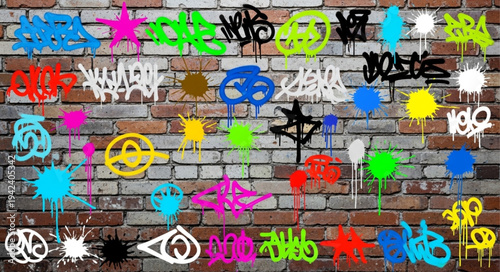 Colorful Spray Paint Graffiti on Brick Wall.