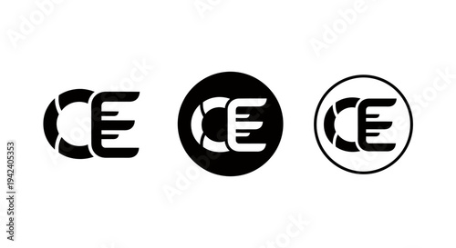 Three variations of a CE logo design featuring bold initials arranged within circular shapes with black fill and outline, emphasizing modern minimal branding aesthetics.