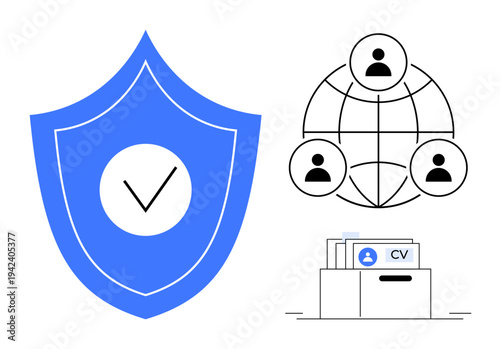 Data security concept. Data protection with a shield, user networking for global connections, and secure resume storage. Data security enhances online privacy and recruitment safety. For HR